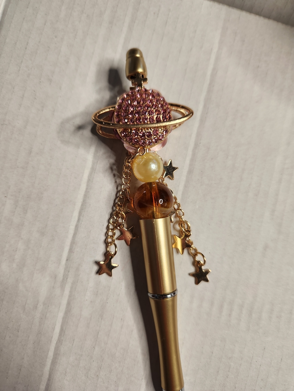 Gold Planet Charm Pen with Pink Crystal Planet and Star Dangles